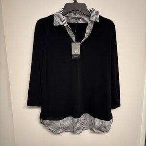 Adrianna Papell Print 3/4 Sleeve Open V-Neck Knit Black Medium